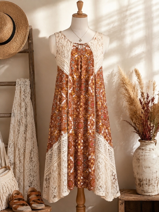 hint of mint Dresses & Skirts - Boho Crochet Panel Maxi Dress in Rust Floral